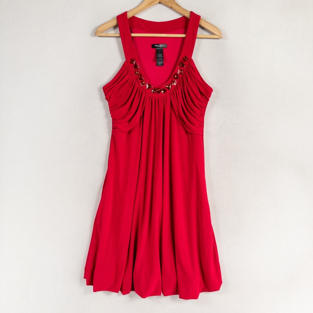 Bisou Bisou Dress Sz 6 Red Stretch Knit Bubble Hem Embellished Neckline Party